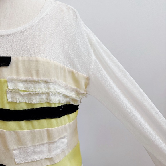 Altamira Milano White Yellow Black Fringe Mesh Long Sleeve Top M/L NEW - Picture 6 of 16